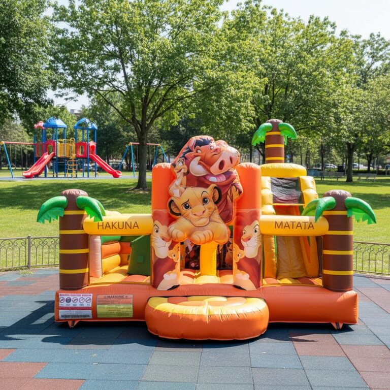 Château gonflable Roi Lion 5 x 5,3 m avec toboggan à louer